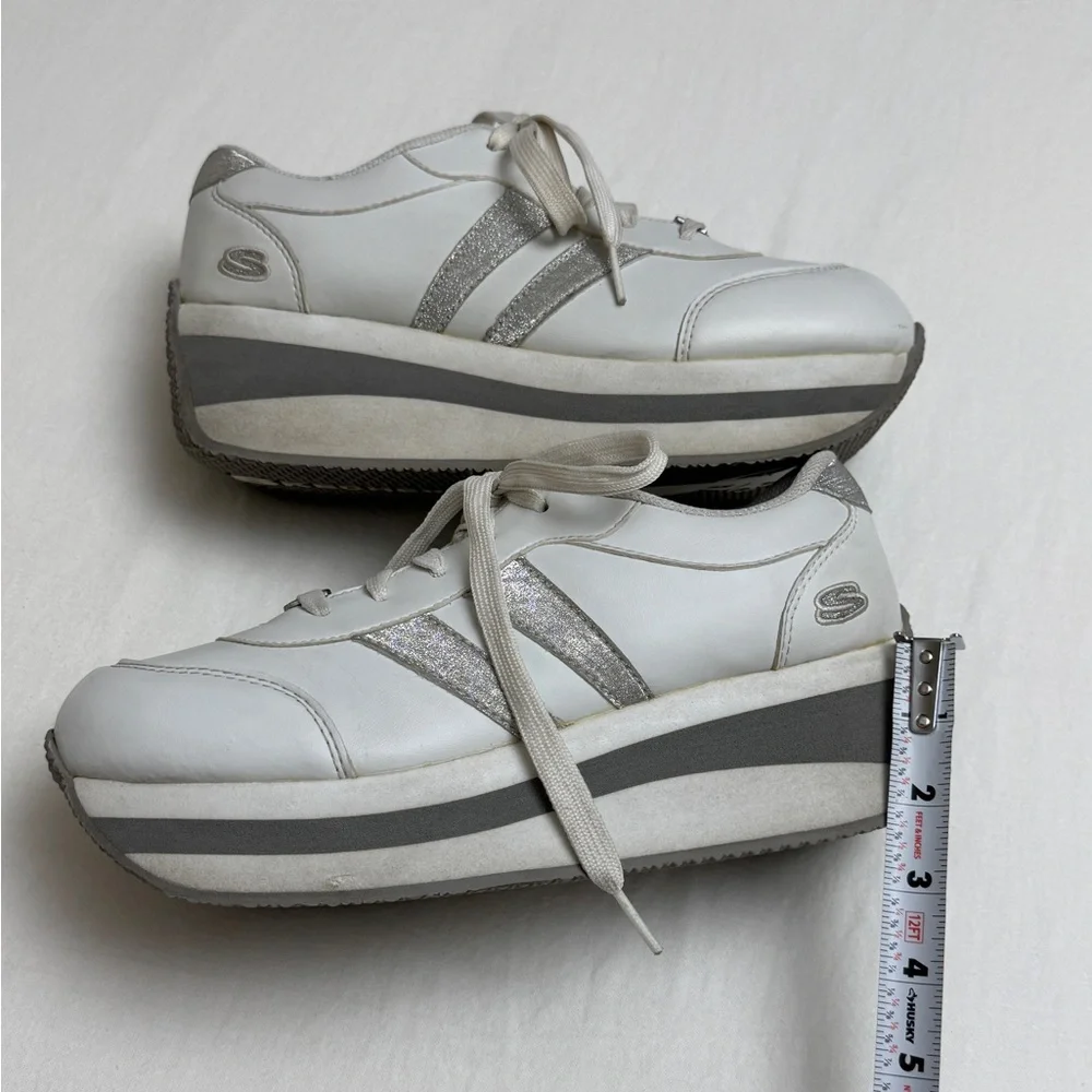 Vintage Y2K Platform Skechers Silver & White Heart Charms Size 9 Retro 90’s